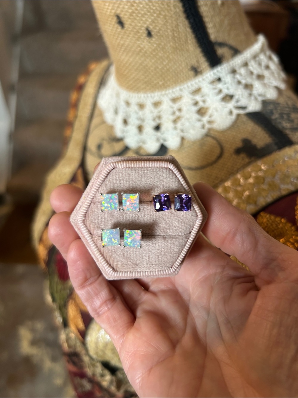 Lot of 3 Gemstone Stud Earrings: 1 Amethyst Pair & 2 Pairs of Similar Opals
